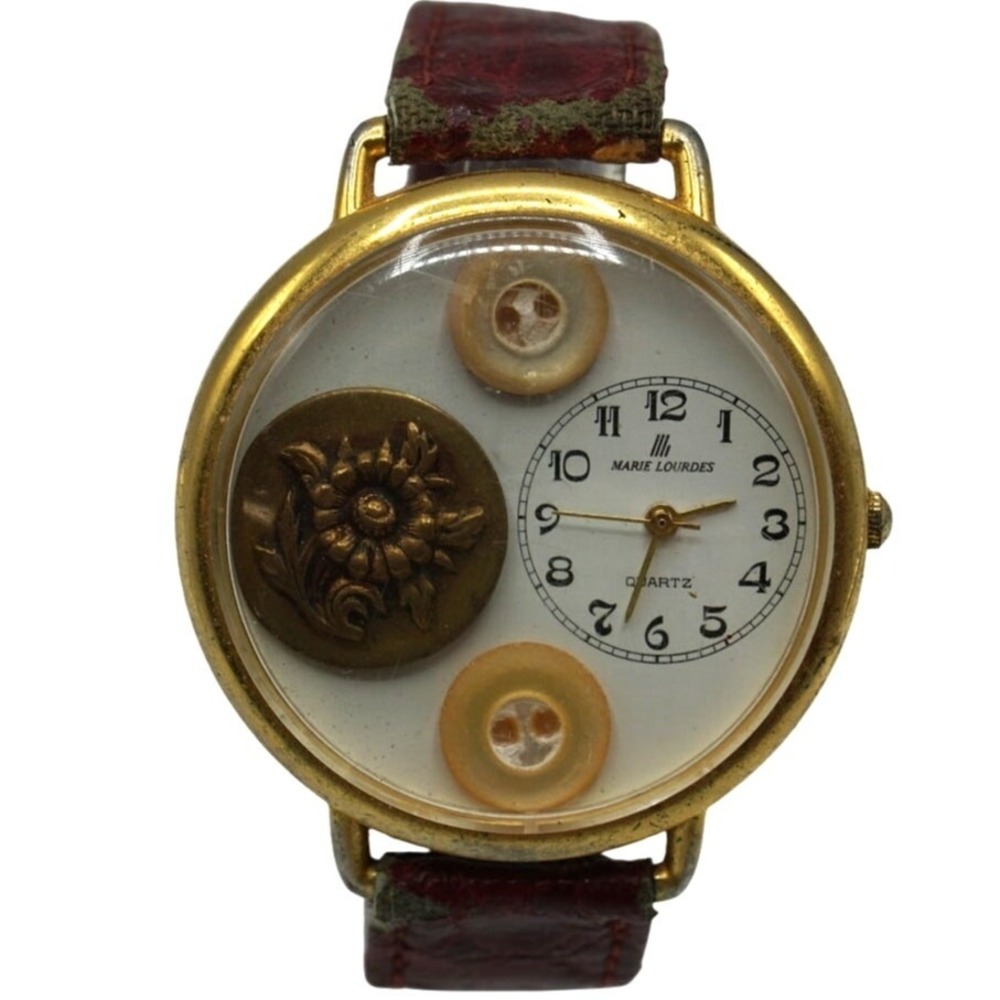 Marie Lourdes Button Watch Women Gold Tone New Battery